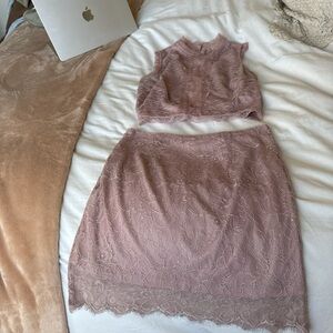 Source Unknown Mauve Lace Two-Piece Mini Skirt Set